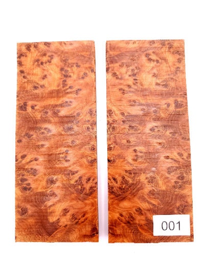 High Grade Thuya Burl Knife Scales 5 x 2 x 3/8 Inches - Bookmatched Set for Knife Handles and Grips